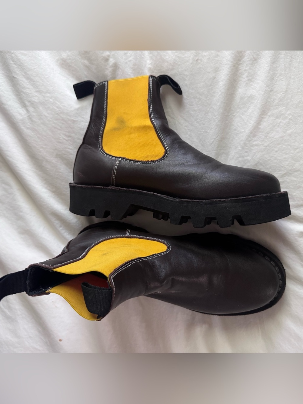 Sophie D'Hoore Women's Chelsea Work Boots - Brown Leather with Yellow Panels